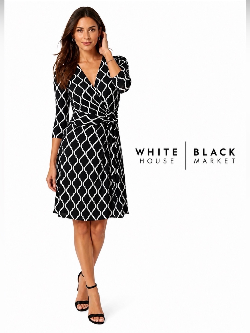 White House Black Market faux wrap twist dress medallion 3/4 sleeves. Size 8